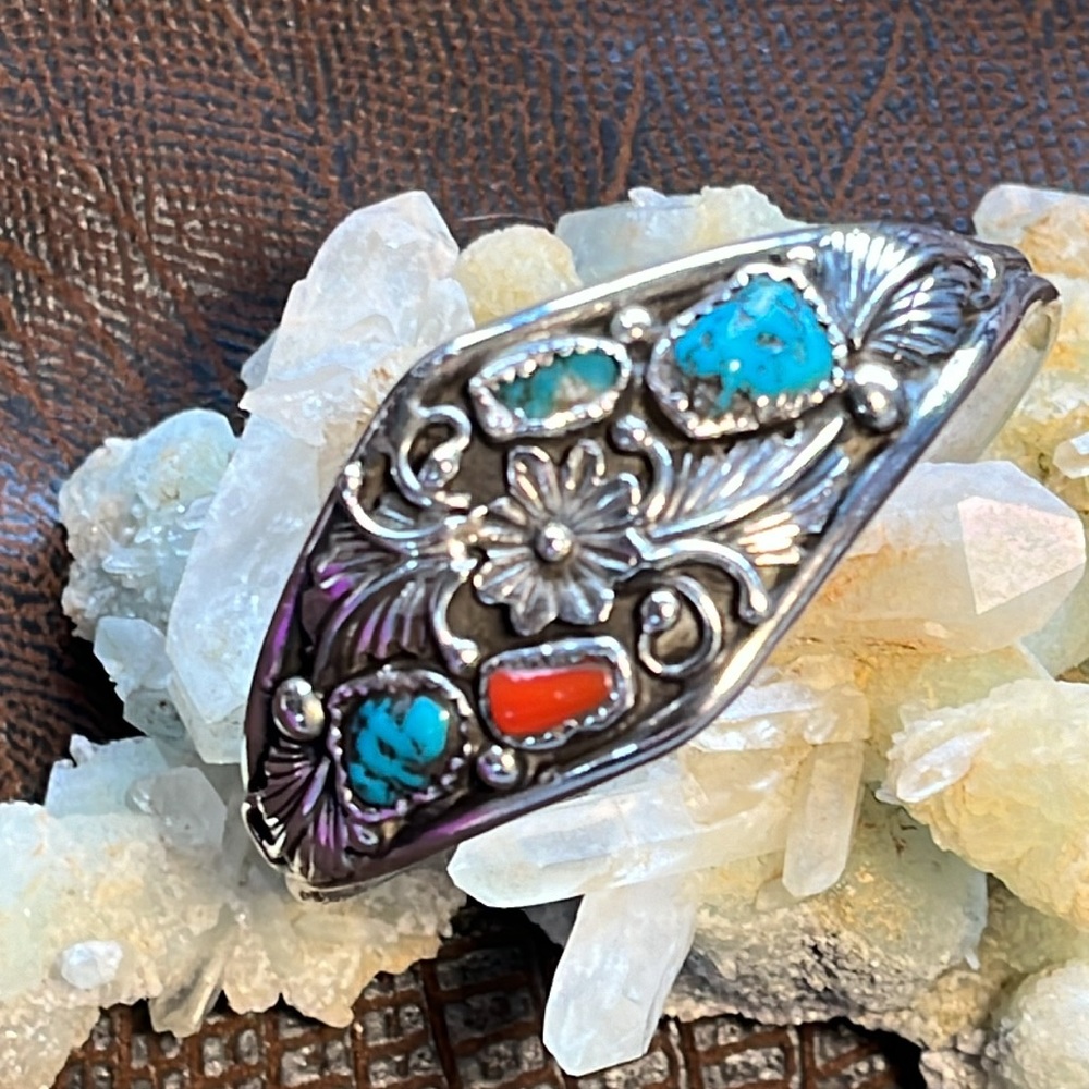 Sterling Silver, Turquoise and Coral Cuff Bracelet - Picture 6 of 9